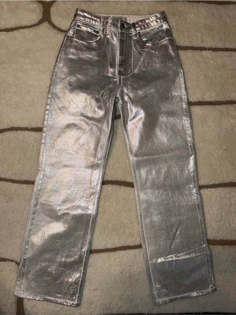 Abercrombie & Fitch Women’s 4/27 Silver Metallic High Rise Straight Leg Jeans